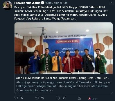 Kritik HNW atas aksi Aliansi BEM Jakarta Bersuara. (Twitter/hnurwahid)