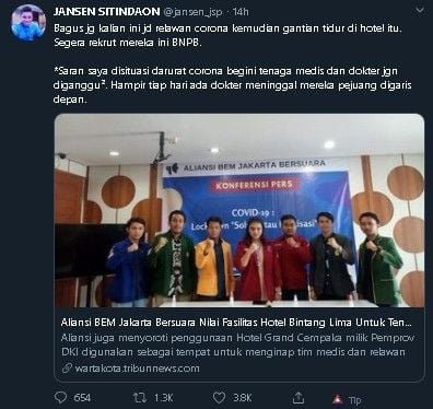 Kritik Jansen Sitindaon atas aksi Aliansi BEM Jakarta Bersuara. (Twitter/@jansen_jsp)