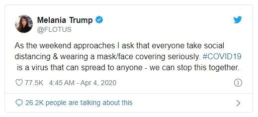 Cuitan Melania Trump tentang pakai masker. (Twitter/@FLOTUS)