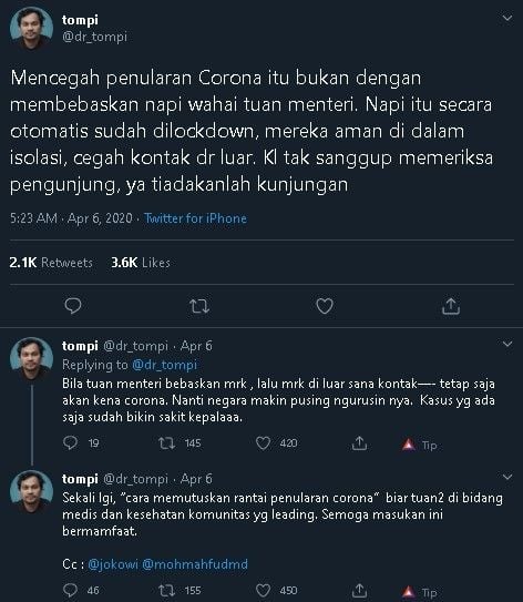 Tompi sindir kebijakan pembebasan narapidana untuk mencegah corona. (Twitter/dr_tompi)