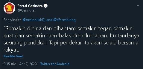 Gerindra balas sindiran Tifatul Sembiring. (Twitter/@Gerindra)