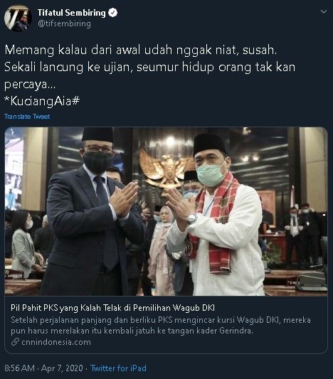 Tifatul Sembiring sindir Gerindra soal kursi Cawgub DKI. (Twitter/@tifsembiring)