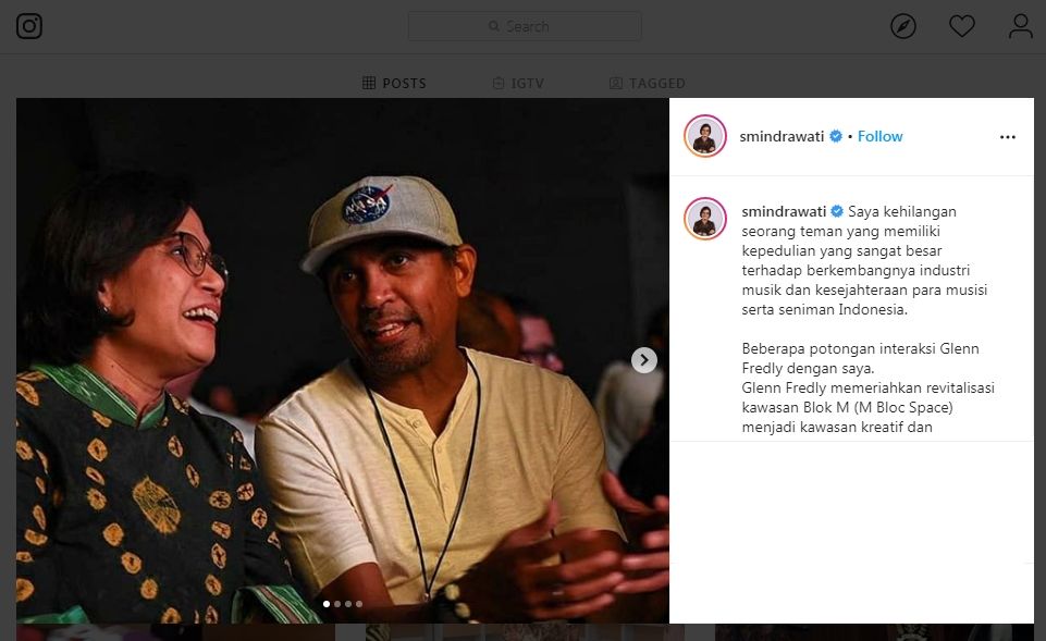 Momen Menteri Sri Mulyani bersama Glenn Fredly. (instagram.com/smindrawati)