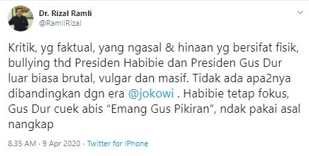 Cuitan Rizal Ramli soal telegram penghinaan presiden (Twitter).