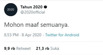 Akun Tahun 2020 Minta Maaf (Twitter).