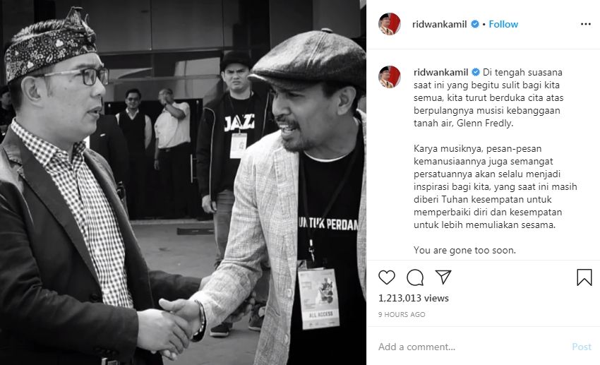 Ridwan Kamil ikut berduka atas kepergian Glenn Fredly (Instagram/ridwankamil)