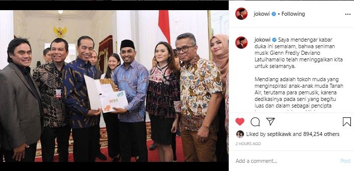 Jokowi sampaikan belasungkawa atas kepergian Glenn Fredly (Instagram).