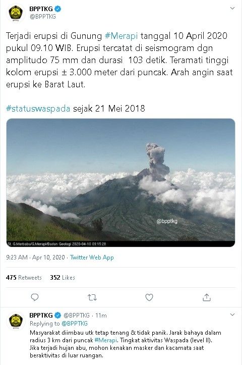 Gunung Merapi erupsi, Jumat (10/4/2020) pagi. - (Twitter/@BPPTKG)