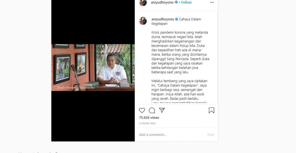 SBY ciptakan lagu baru di tengah pandemi. (Instagram/aniyudhoyono)