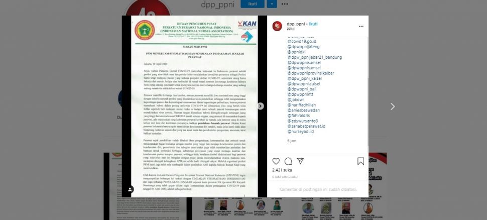 Siaran Pers DPP PPNI atas penolakan jenazah perawat positif corona (Instagram @dpp_ppni)