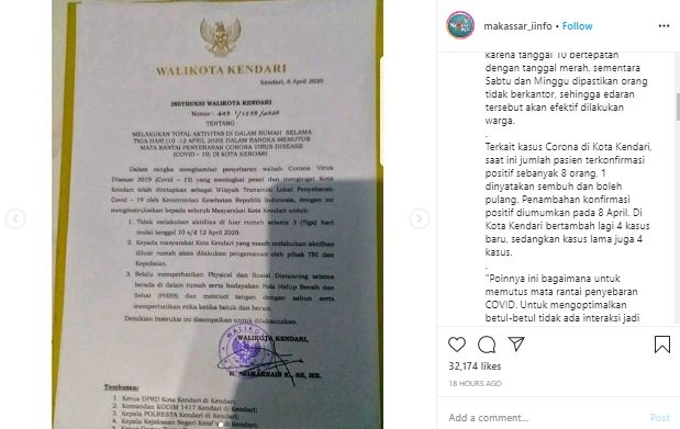 Surat Instruksi Kendari Lockdown Tiga Hari (Instagram).