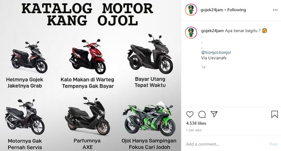 Katalog tipe pemotor berdasar tunggangan. (Twitter/@evianafs)