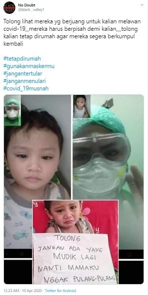 Foto bocah yang menangis minta warga tidak mudik agar ketemu Ibu (Twitter).