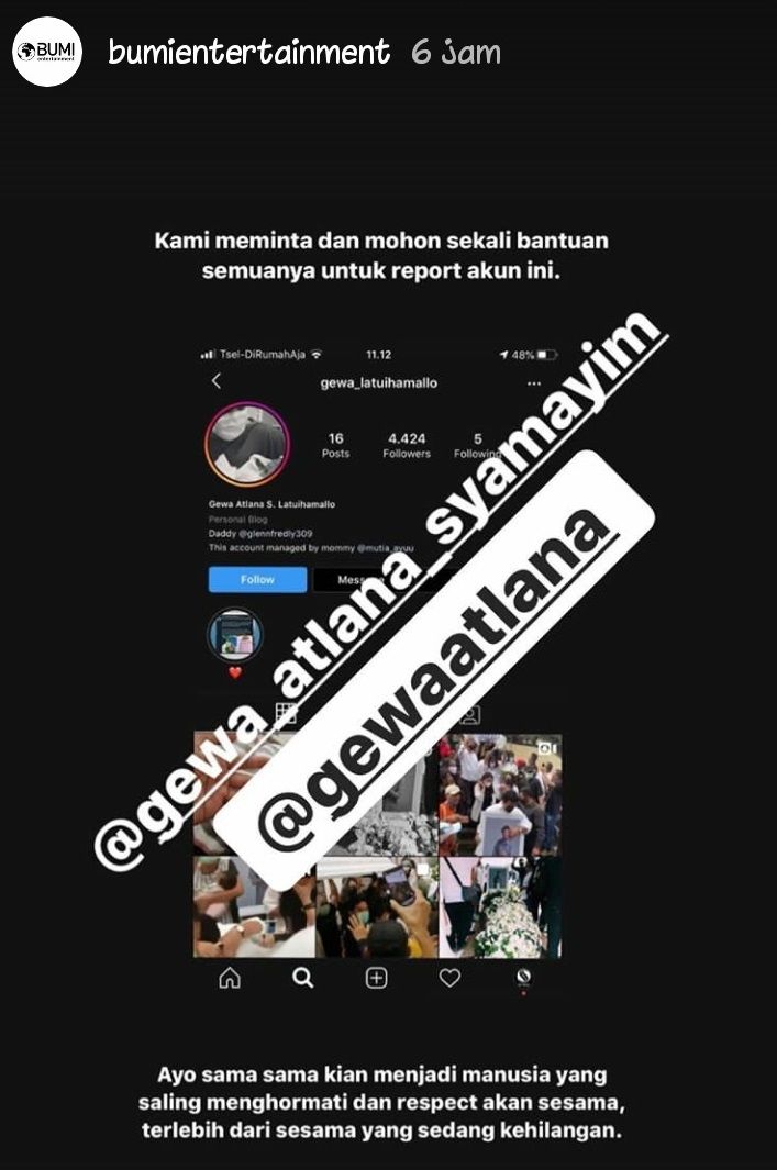 Manajemen Glenn Fredly keberatan dengan munculnya akun Instagram palsu yang mengatasnamakan putri Glenn dan Mutia Ayu, Gewa. [Instagram]