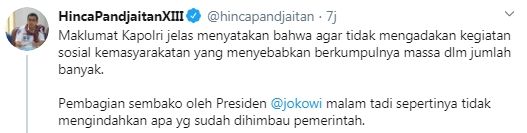 Cuitan Hinca sindir Jokowi bagikan sembako langgar maklumat Kapolri (Twitter/hincapandjaitan)