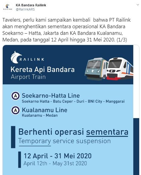 KA Bandara Soekarno-Hatta dan Kualanamu berhenti beroperasi sementara (Twitter/RailinkARS)