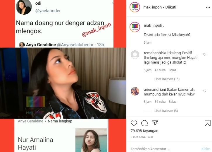 Anya Geraldine diduga melengos saat dengar suara azan [Instagram/@mak_inpoh]