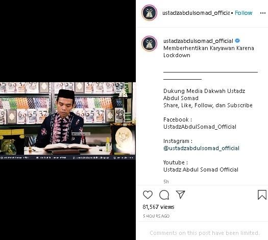 Unggahan UAS soal hukum PHK karyawan karena corona. (Instagram/@ustadzabdulsomad_official)