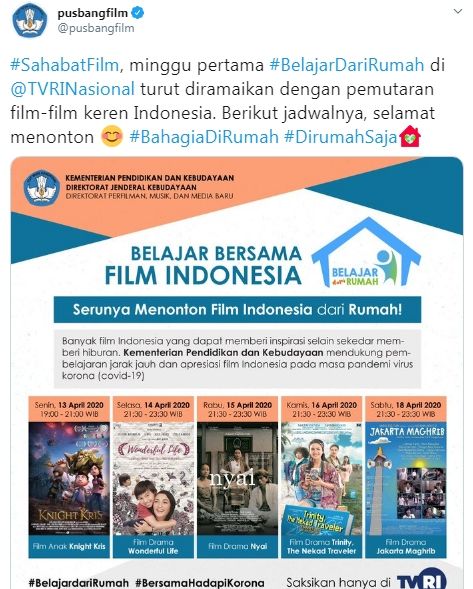 Penayangan film Indonesia program #BelajarDariRumah (Twitter/pusbangfilm)