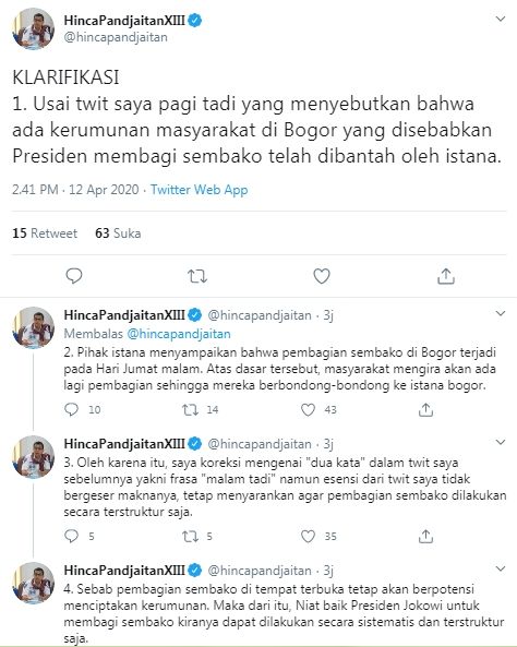 Hinca klarifikasi cuitannya yang sindir Jokowi soal pembagian sembako (Twitter/hincapandjaitan)