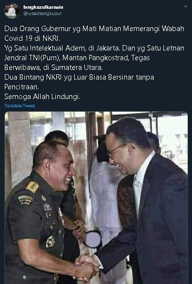 Cuitan Tengku Zul puji Anies Baswedan dan Edy Rahmayadi. (Twitter/@ustadtengkuzul)