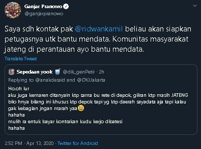 Ganjar mengaku menjalin kerjasama dengan Ridwan Kamil. (Twitter/@ganjarpranowo)