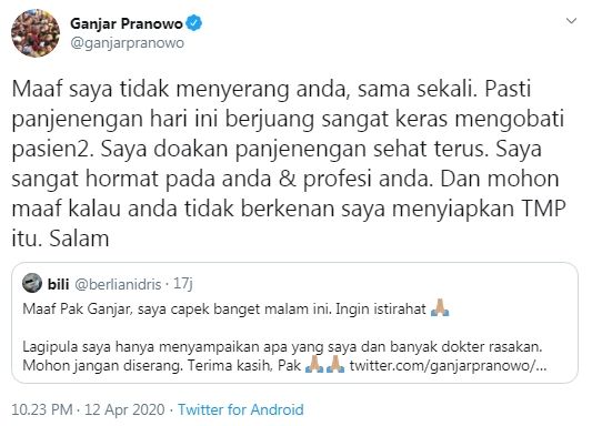 Ganjar Pranowo minta maaf soal rencana pembangunan TMP untuk nakes (Twitter/ganjarpranowo)