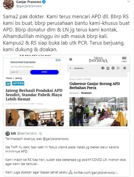 Ganjar Pranowo minta maaf soal rencana pembangunan TMP untuk nakes (Twitter/ganjarpranowo)