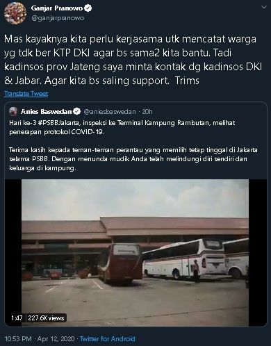 Peduli nasib perantai Ganjar ajak kerjasama Anies. (Twitter/@ganjarpranowo)