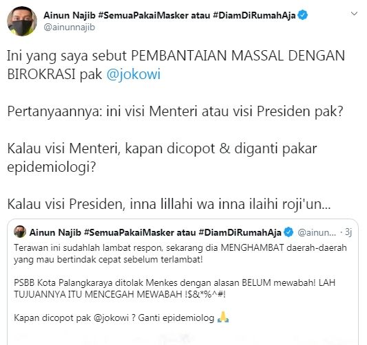 Ainun Najib kritik Pemerintah tolak PSBB di Palangka Raya (Twitter/ainunnajib)