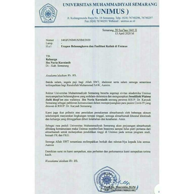 Anak perawat yang jasadnya ditolak warga dapat beasiswa sampai lulus (Instagram/unimus.official)