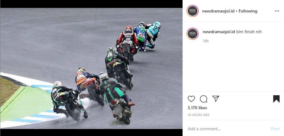 Kompilasi meme ojol ikut balapan MotoGP. (Instagram/@newdramaojol.id)