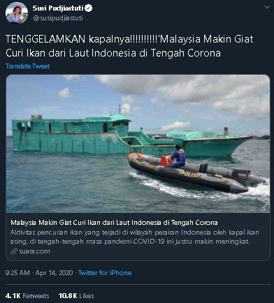 Susi Pudjiastuti mengecam keras aksi pencurian ikan kapal Malaysia di laut Indonesia. (Twitter/@susipudjiastuti)