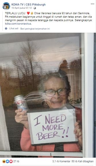 Minta Stok Bir untuk Persiapan Lockdown, Nenek 93 Tahun Ini Viral. (facebook.com/CBSPittsburgh)