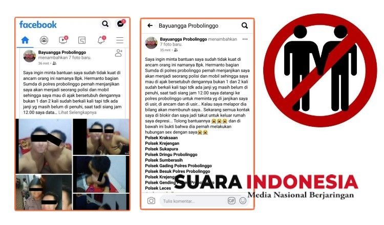 Tangkapan Layar Postingan Facebook Akun Bayuangga Probolinggo yang Mencatut Anggota Polres Probolinggo, Diduga Lakukan Penipuan dan Persetubuhan Sesama Jenis. [Suaraindonesia]