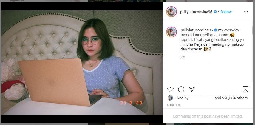 Prilly Latuconsina Selama Karantina di Rumah (instagram.com/prillylatuconsina96)