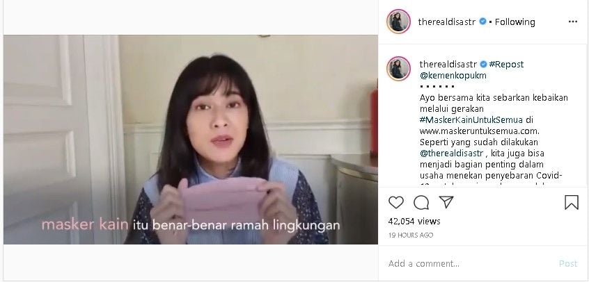 Dian Sastro Turut Galakkan Penggunaan Masker Kain Untuk Cegah Covid-19. (Instagram)