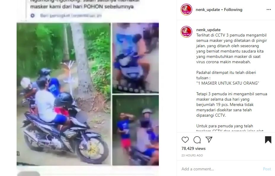 Viral pemotor 'merampok' masker gratis. (Instagram)