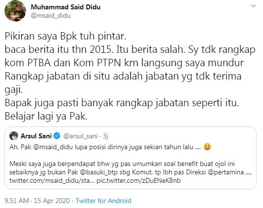 Said Didu dan Arsul Sani saling sindir gegara Ahok (Twitter)