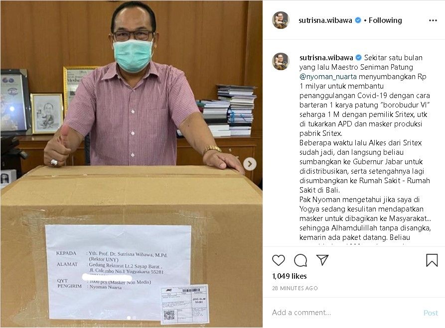 Sutrisna Wibawa dapat kiriman masker dari Nyoman Nuarta - (Instagram/@sutrisna.wibawa)