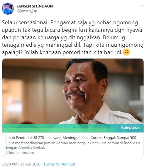 Cuitan Jansen soal sikap pemerintah tanggapi korban virus corona (Twitter/Jansen_jsp)