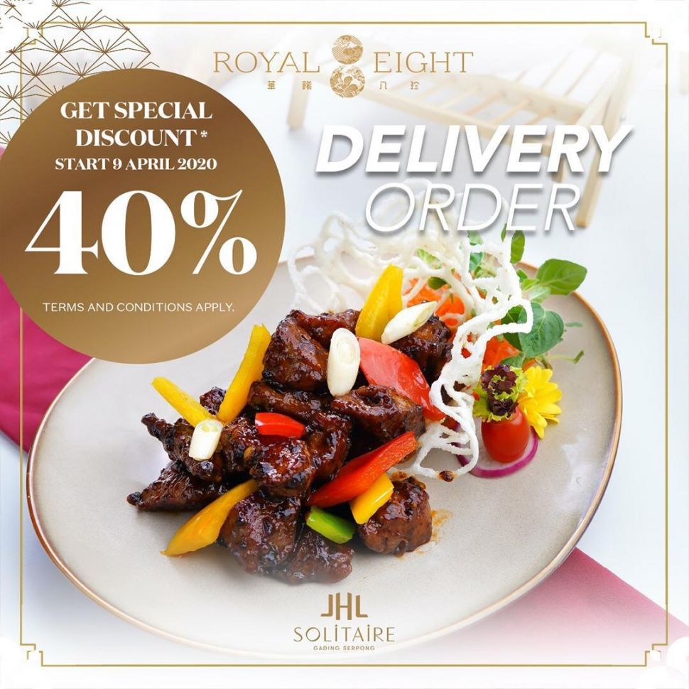 Seluruh outlet PT. Akasa Boga Kreasindo (Royal Eight, URO Japanese dan Empress China Bar) di JHL Solitaire Group Hotel kembali beroperasi sejak 9 April 2020 untuk jasa layanan pesan antar dan diberikan diskon 40%.