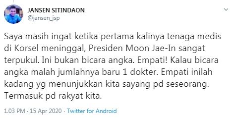 Cuitan Jansen soal sikap pemerintah tanggapi korban virus corona (Twitter/Jansen_jsp)