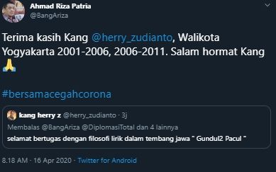 Ahmad Riza Patria ucapkan salam hormat kepada mantan Wali Kota Yogyakarta, Kamis (16/4/2020). [@BangAriza / twitter]