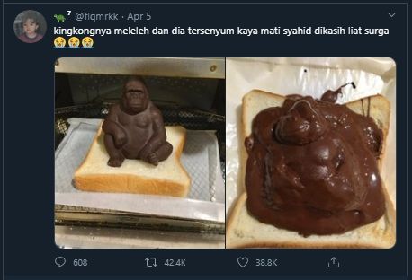 Viral cokelat king kong tersenyum saat meleleh, netizen: mati syahid nih. (Twitter/@flgmrkk)