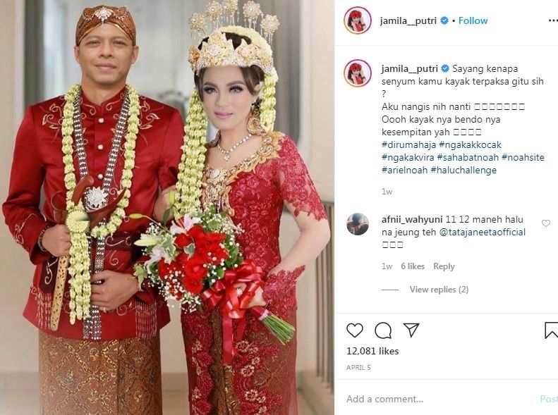 Foto hasil rekayasa digital yang perlihatkan Ariel NOAH dan Putri Jamila menikah [Instagram/Jamila_putri]