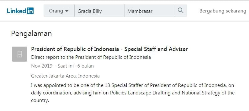 Biodata terbaru Staf Khusus Presiden Billy Mambrasar (LinkedIn)