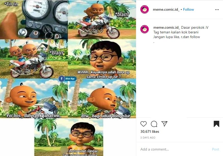 Meme kocaknya dunia otomotif ala upin dan ipin. (Instagram)