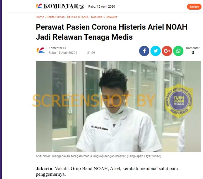 Hoax Ariel Noah jadi relawan petugas medis. (Turnbackhoax.id)