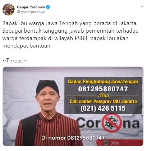 Warga Jateng di Jabodetabek dapat bantuan dari Ganjar (Twitter/ganjarpranowo)